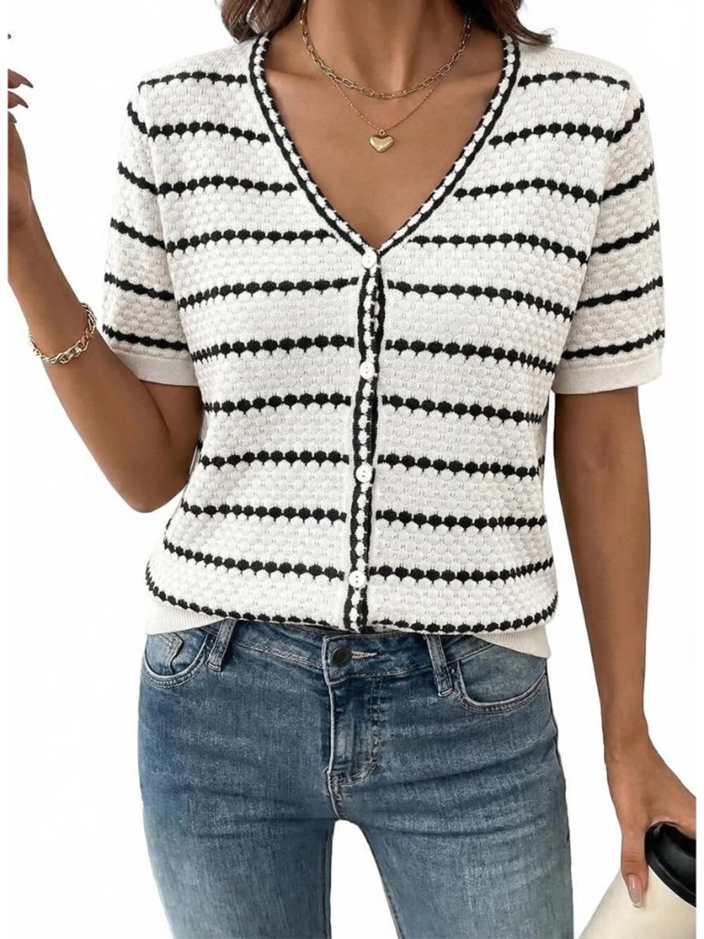 Cardigan Sweaters for Women Spring Summer Short Sleeve Crochet Striped V Neck